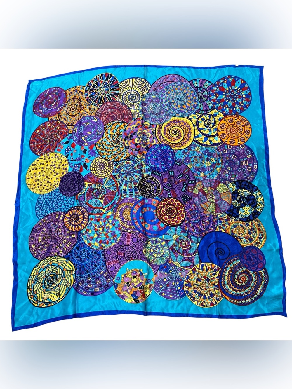 Minn Vibrant Geometric Circle Print Satin Silk Scarf in Turquoise & Multicolor